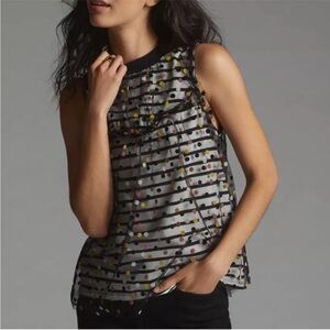 Maeve by Anthropologie Sleeveless Striped Polka Dot Blouse - Black and Gray